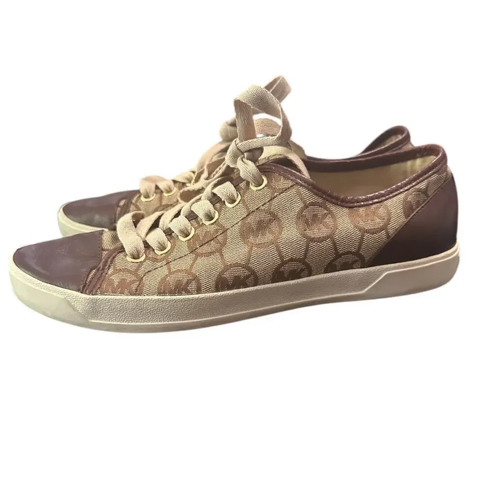 Michael Kors Logo Lace-Up Sneakers Brown Monogram Canvas Size 8M